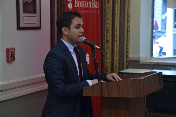 Ben Haideri, a recent graduate of Boston Latin Academy and intern at the Suffolk County District Attorney's Office, spoke with the audience about his experience in the program. 